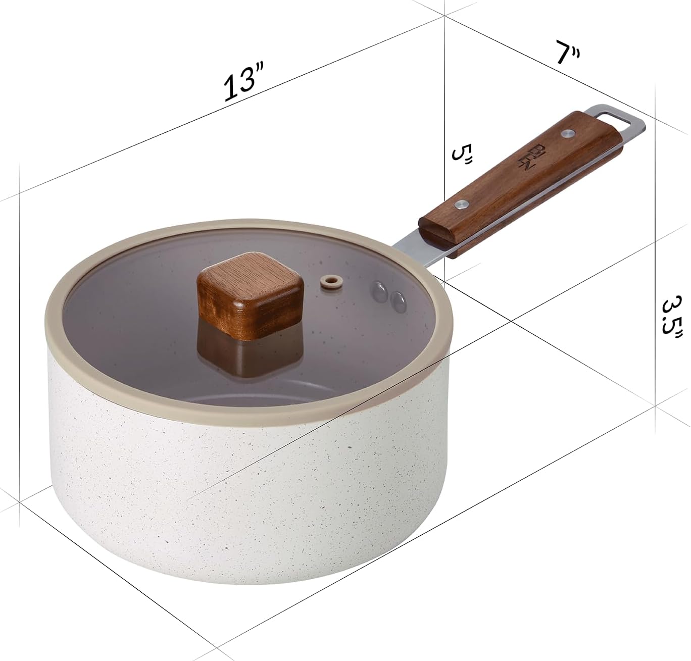 Bien Kitchen Nonstick 2QT Saucepan with Glass Lid, PFOA-Free Healthy Cooking Ceramic Coating Saucepot, Induction Compatible Cookware, Wooden Handle, Made in Korea (7 Inch)