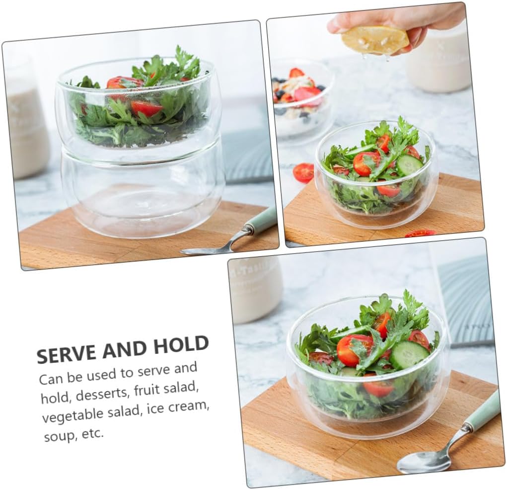 1Pc Transparent Insulated Serving Bowl Double Layer Heat Resistant Glass Container for Desserts Soup Salad Fruits for Daily Gatherings Picnics and Camping
