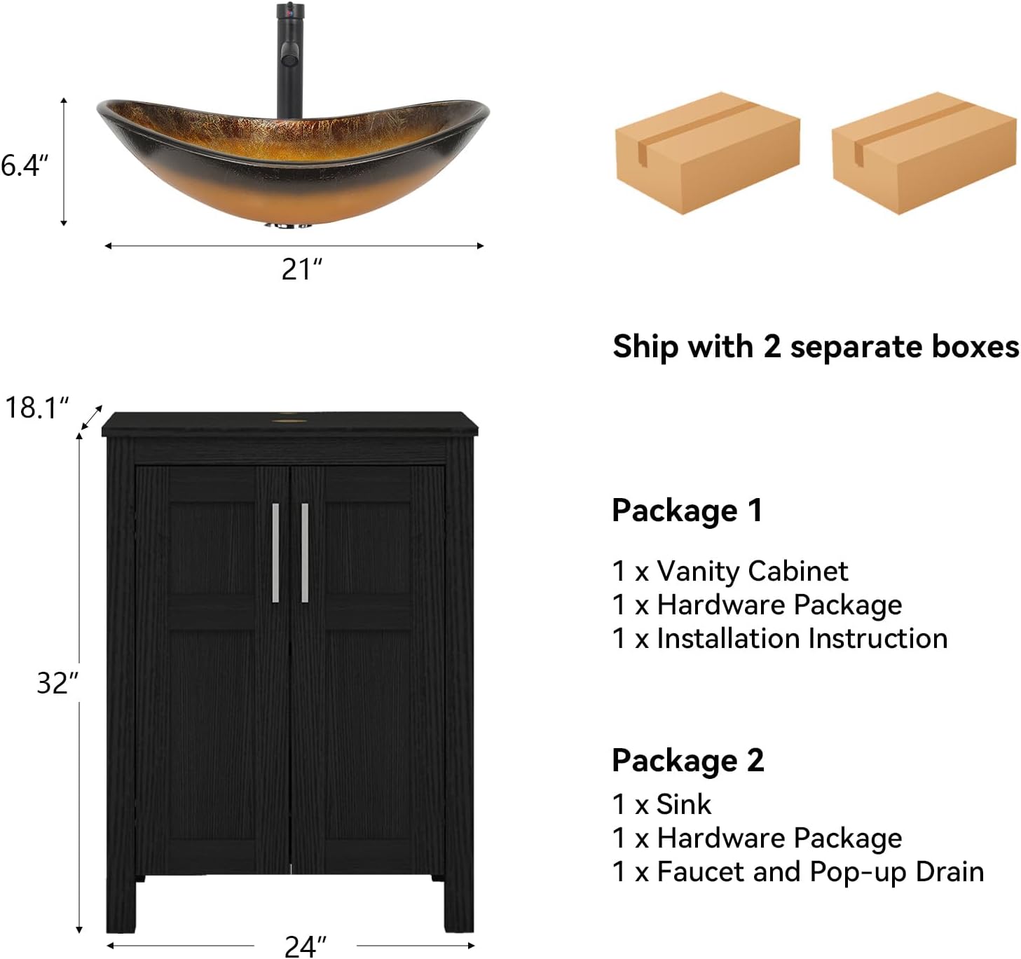 YOURLITE 24" Bathroom Vanity with Sink, Black Bathroom Vanity Cabinet with Faucet & Pop Up Drain Set,Traditional Vanity with Black Glass Bowl Bathroom Sink
