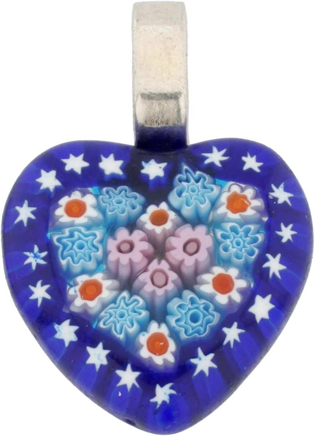 Glass Of Venice Murano Glass Millefiori Heart Pendant Medium - Red and Blue