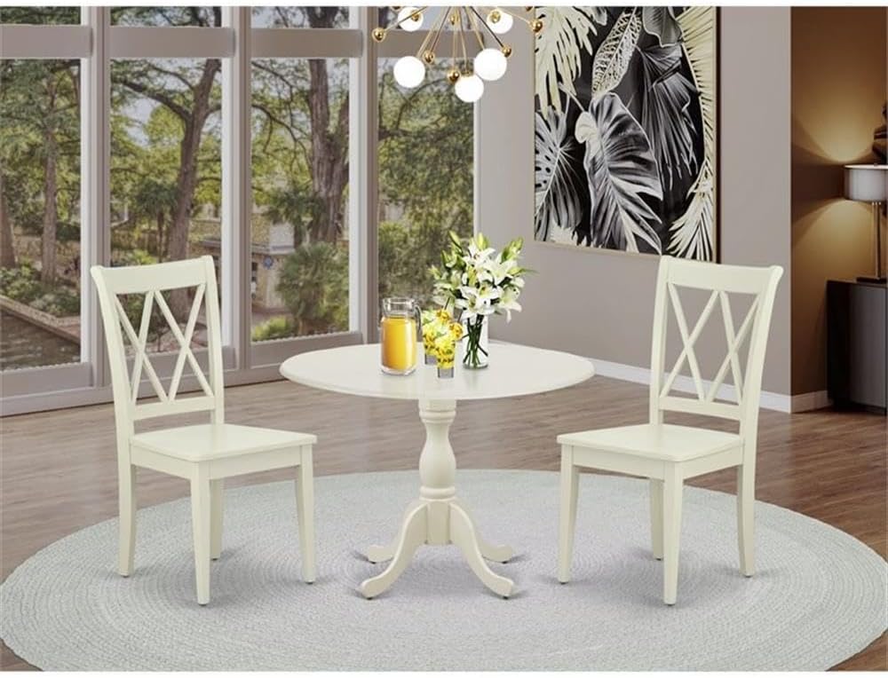 East West Furniture DMCL3-LWH-W 3 Piece Dinette Set for Small Spaces Contains a Round Dining Table with Dropleaf and 2 Dining Chairs, 42x42 Inch, Linen White