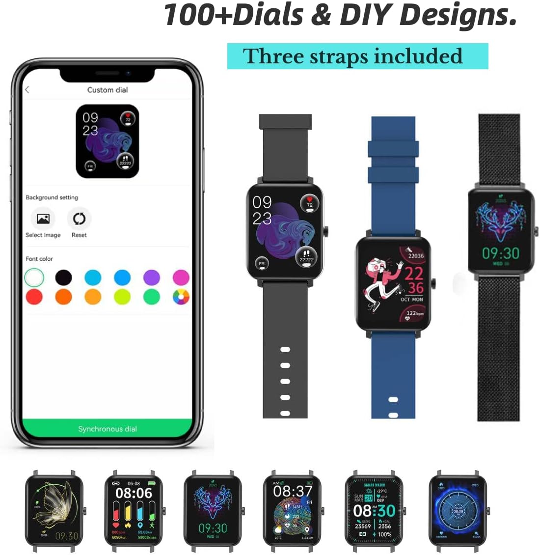 Image showing the FACOI Smart Watch with various watch faces and three different colored straps: black, blue, and a black mesh strap.