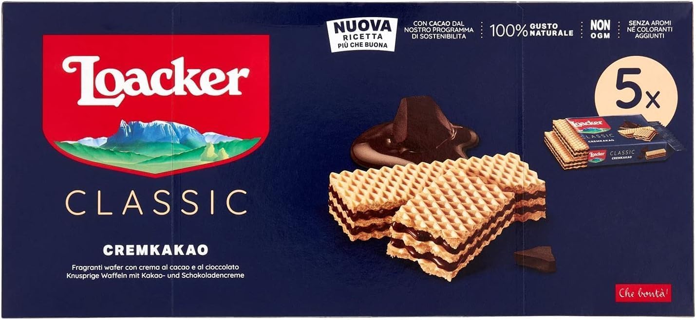 Loacker, Classic Cremkakao, Wafer Cacao e Cioccolato, 5 Snack da 45g (225g)