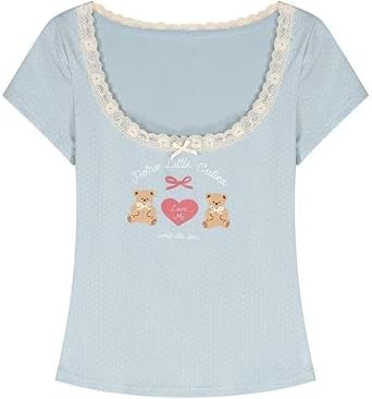 Pokn Y2K Lace Trim Bow T-Shirt Cutecore Fairy Square Collar Short Sleeve Tee Tops Kawaii Vintage Crop Tops