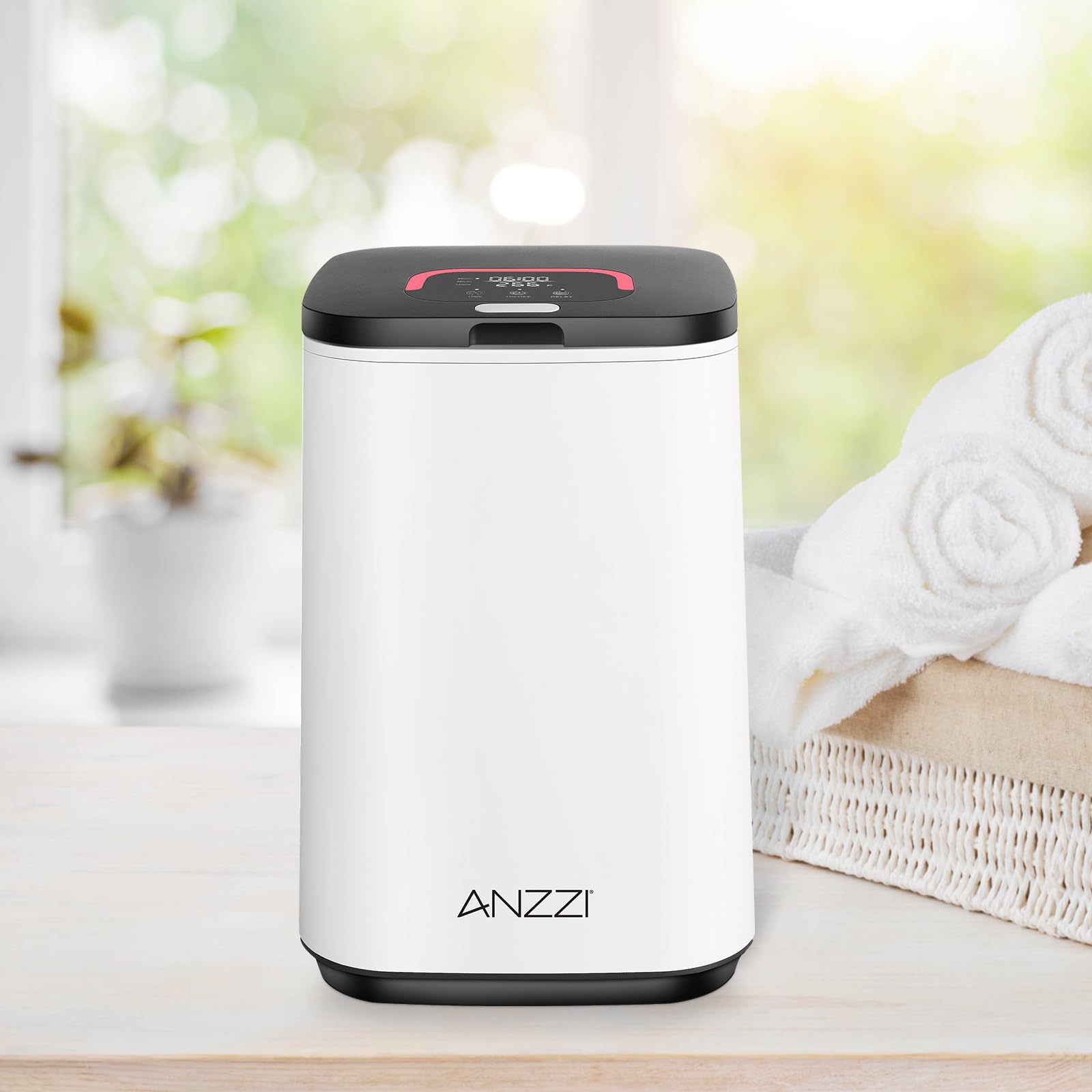 ANZZI 23L Luxury Bucket Towel Warmer – Large Capacity, LED Display, Adjustable Timer, Flip-Top Lid, Child Safe, Auto Shut-Off | TW-AZ028WHB