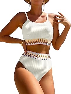 Zuvebamyo Traje de baño de cintura alta para mujer, conjunto de bikini acanalado de dos piezas, parte superior corta, corte alto, trajes de baño atrevidos