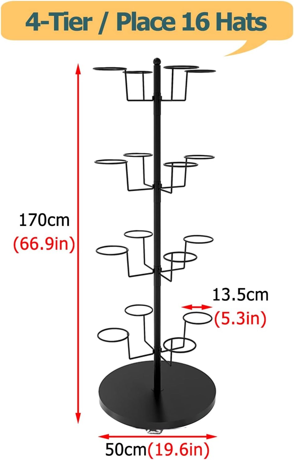 Hat Rack Modern Iron Freestanding Hat Rack Stand with 16 Circular Hooks for Retail Display Large Helmet Holder Organizer Easy to Install