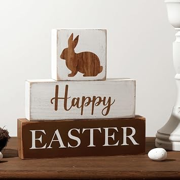 Easter Decorations for the Home 3 pcs Rustic Wood Bunny and Block Table Centerpiece Signs White, Farmhouse Vintage Outdoor Indoor Tiered Tray Decor