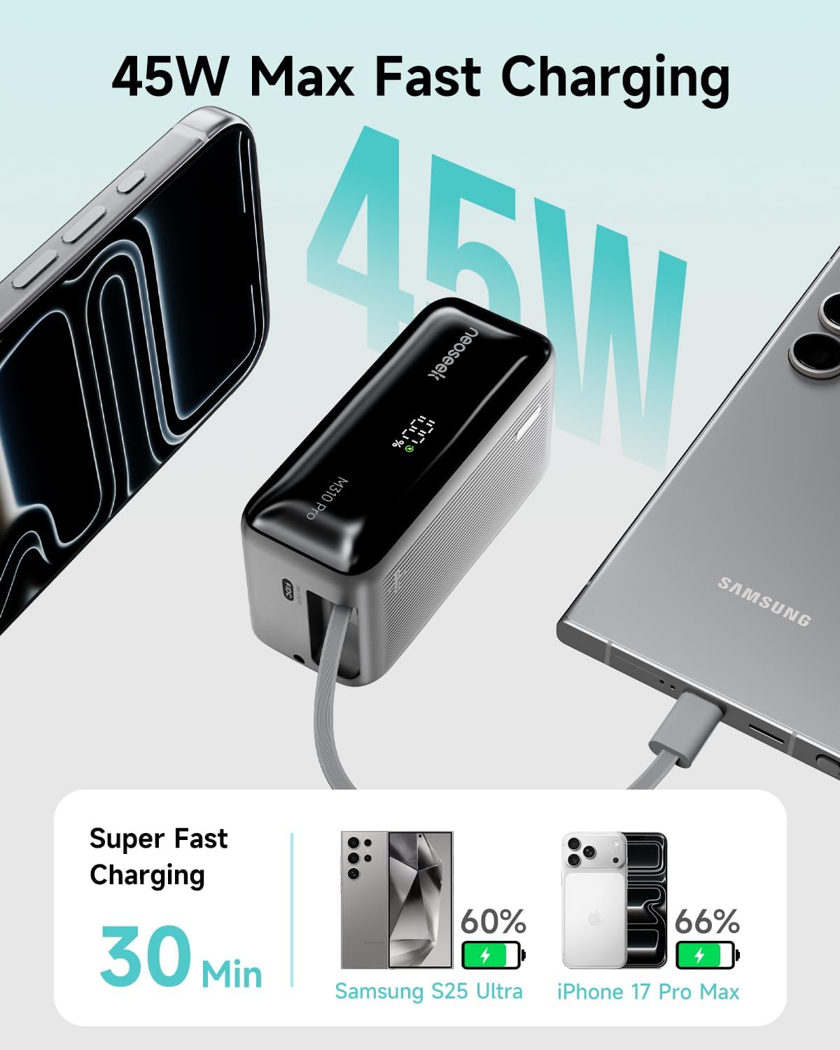 10,000mAh Portable Charger, 45W Max Compact Power Bank, Travel Essential Phone Battery Pack with 2.3 ft Built-in USB-C Retractable Cable for iPhone 17/16 Series, iPad, Galaxy, Pixel, and More