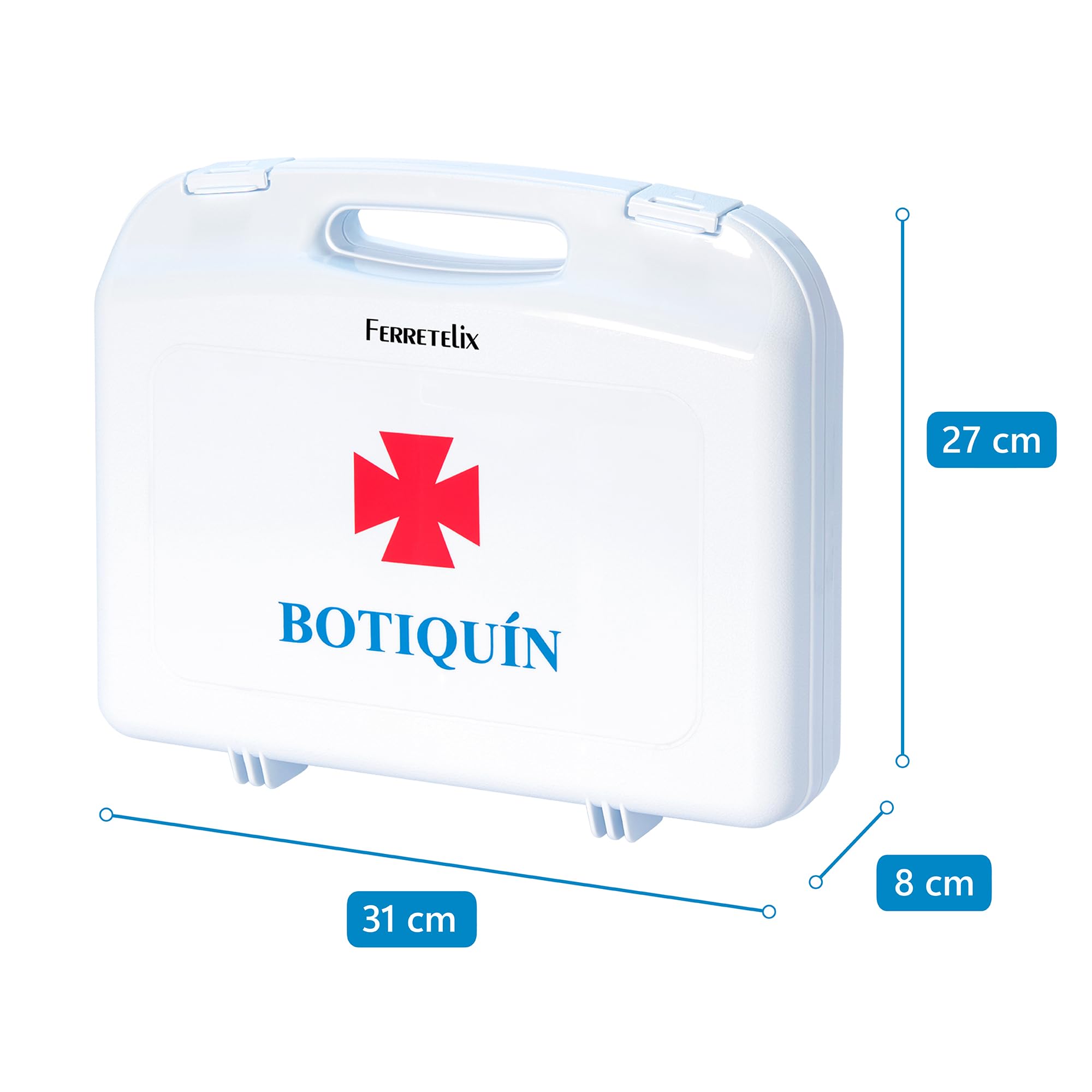 Ferretelix®. Botiquin maletín primeros auxilios con dotacion 310mm x 270mm x 80mm doble cierre de seguridad, incluye Antiséptico, Blanco