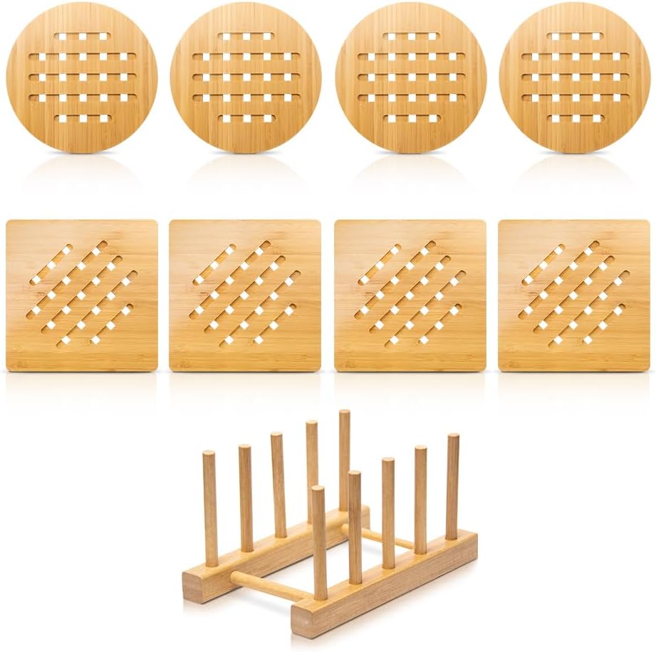 Bamboo Trivet Kitchen Bamboo Hot Pads Mat Set for Hot Dishes/Bowl/Teapot/Hot Pot Holders Large 20 cm 8pack