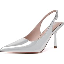 RIBONGZ Closed Toe Pointy High Heels Silver Wedding Bride Pumps for Women Sexy Slingback Heels Prom Party Evening Dressy Shoes