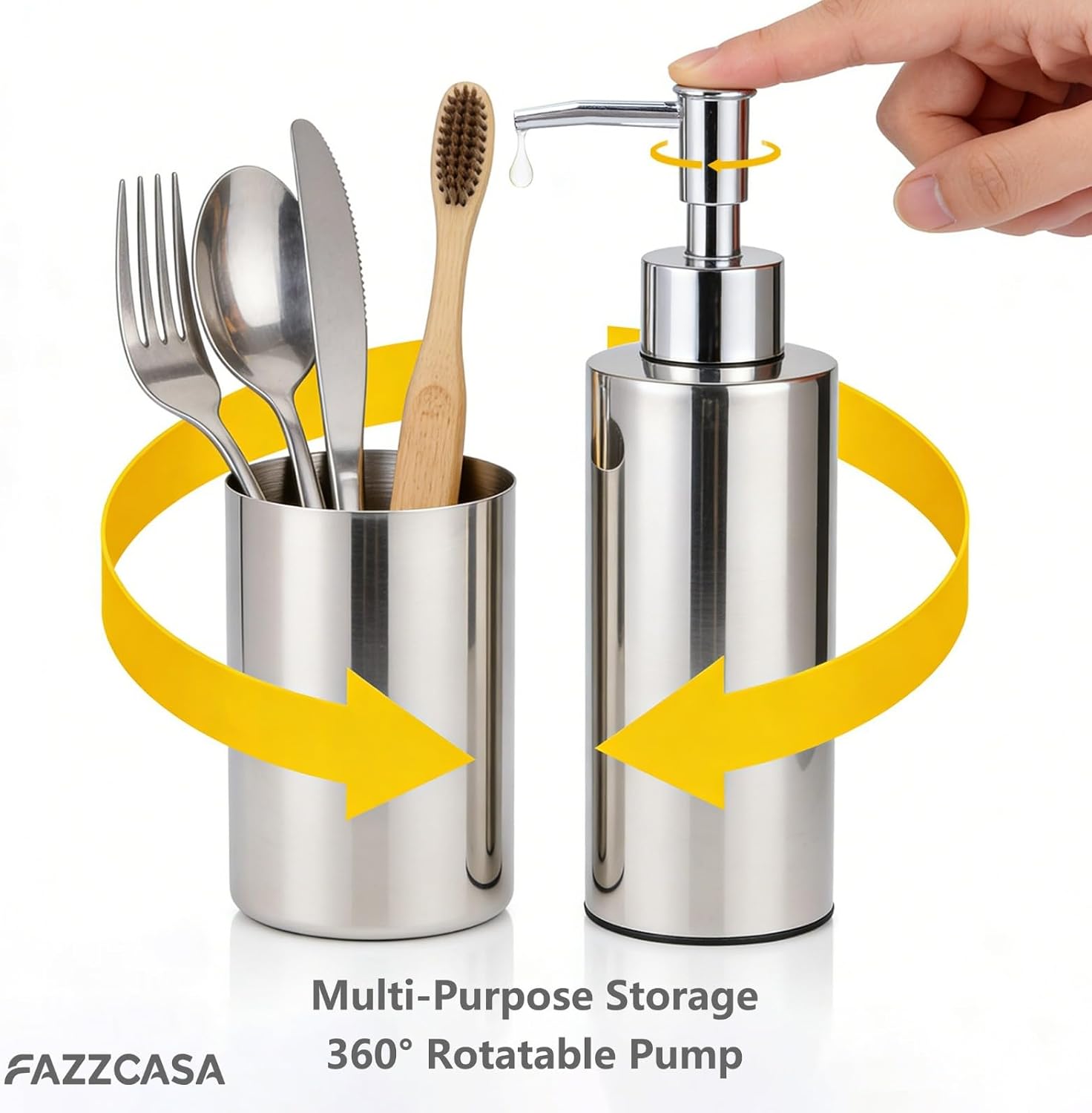 Stainless Steel Round 2PCS Bathroom Set, Soap Dispenser & Toothbrush Holder Set, Suitable for Kitchen and Bathroom Hand Washing Liquid Bath Gel Shampoo, （7.5OZ/220ML）