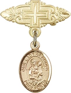 14kt Yellow Gold Baby Badge with Our Lady of Knock Charm and Badge Pin with Cross 1 X 3/4 inches