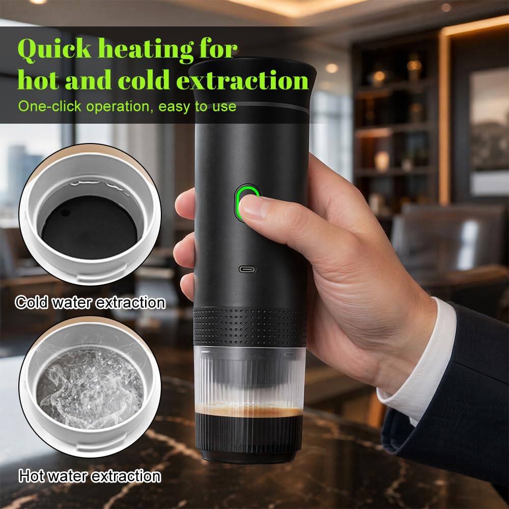 Macchina da caffè portatile, 3 in 1, a batteria, con USB, per campeggio, auto, viaggi, mini macchina da caffè compatibile con capsule e caffè macinato