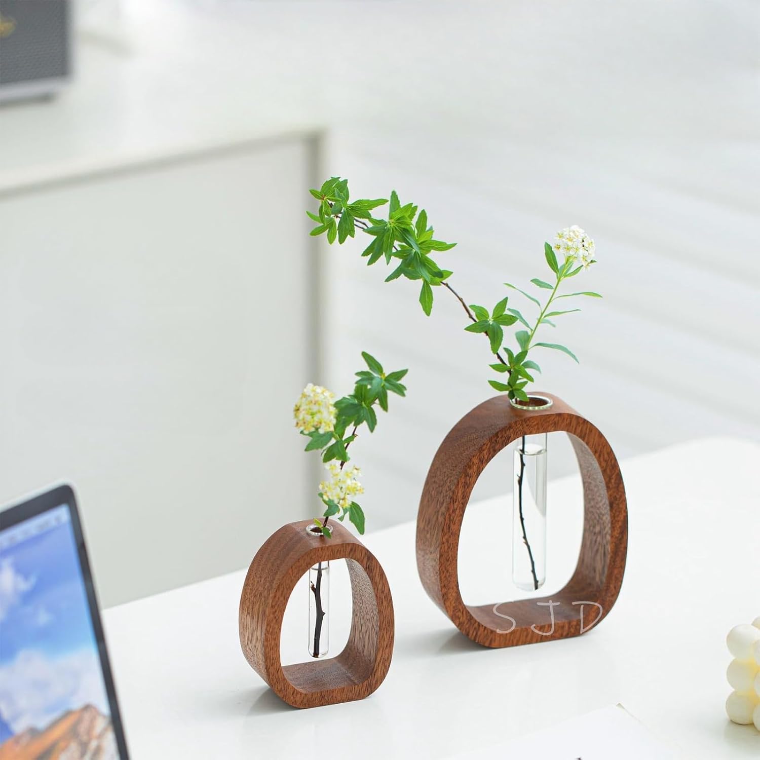 Walnut Wood Glass Flower Vase with Test Tubes | Modern Hydroponic Planter for Fresh Cut Flowers | Handcrafted Tabletop Decor for Home, Office, Farmhouse Style (Large+Small)
