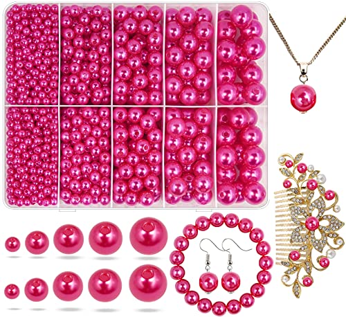 Rose Red Pearl Beads for Jewelry Making, 1750pcs Dark Pink Pearl Craft Bead with Hole 4mm 6mm 8mm 10mm 12mm Loose Spacer Bead for Necklace Bracelet Earrings Wedding Dress Decor (Rose-Dark)