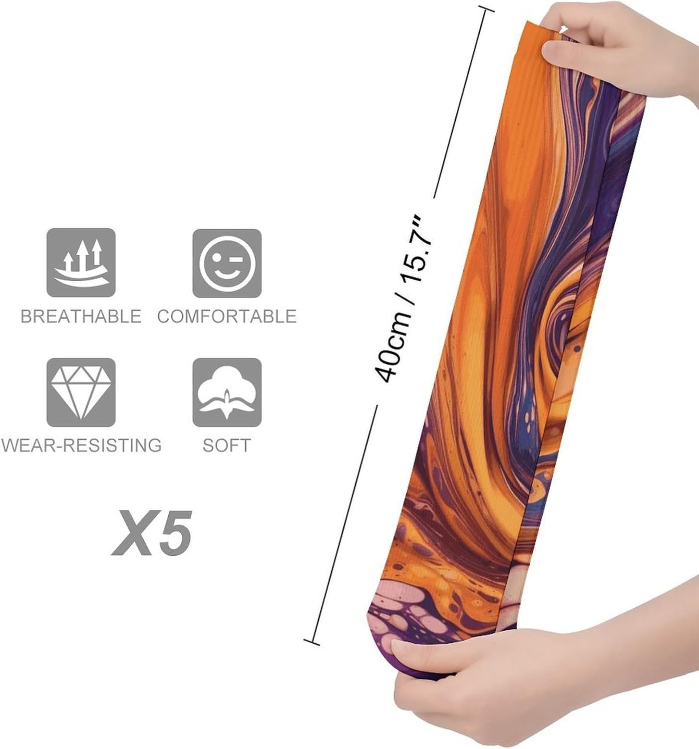 5-Pack Knee High Socks, 15.7 Inch Breathable Casual Socks Purple Tie Dye Fabric Stockings for Men Women