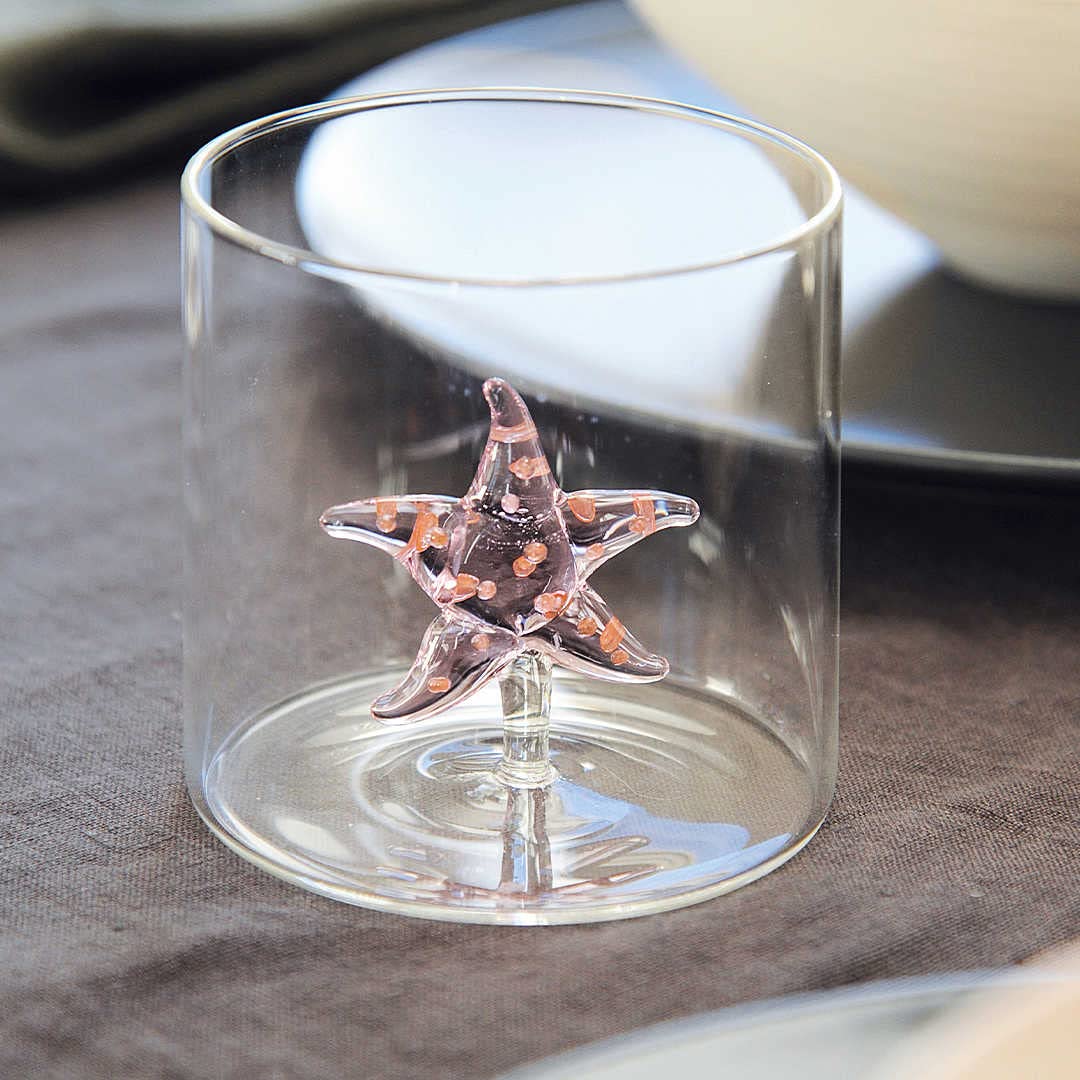 WD Lifestyle Bicchiere in vetro borosilicato. Capacità 250 ml. Decoro stella marina.