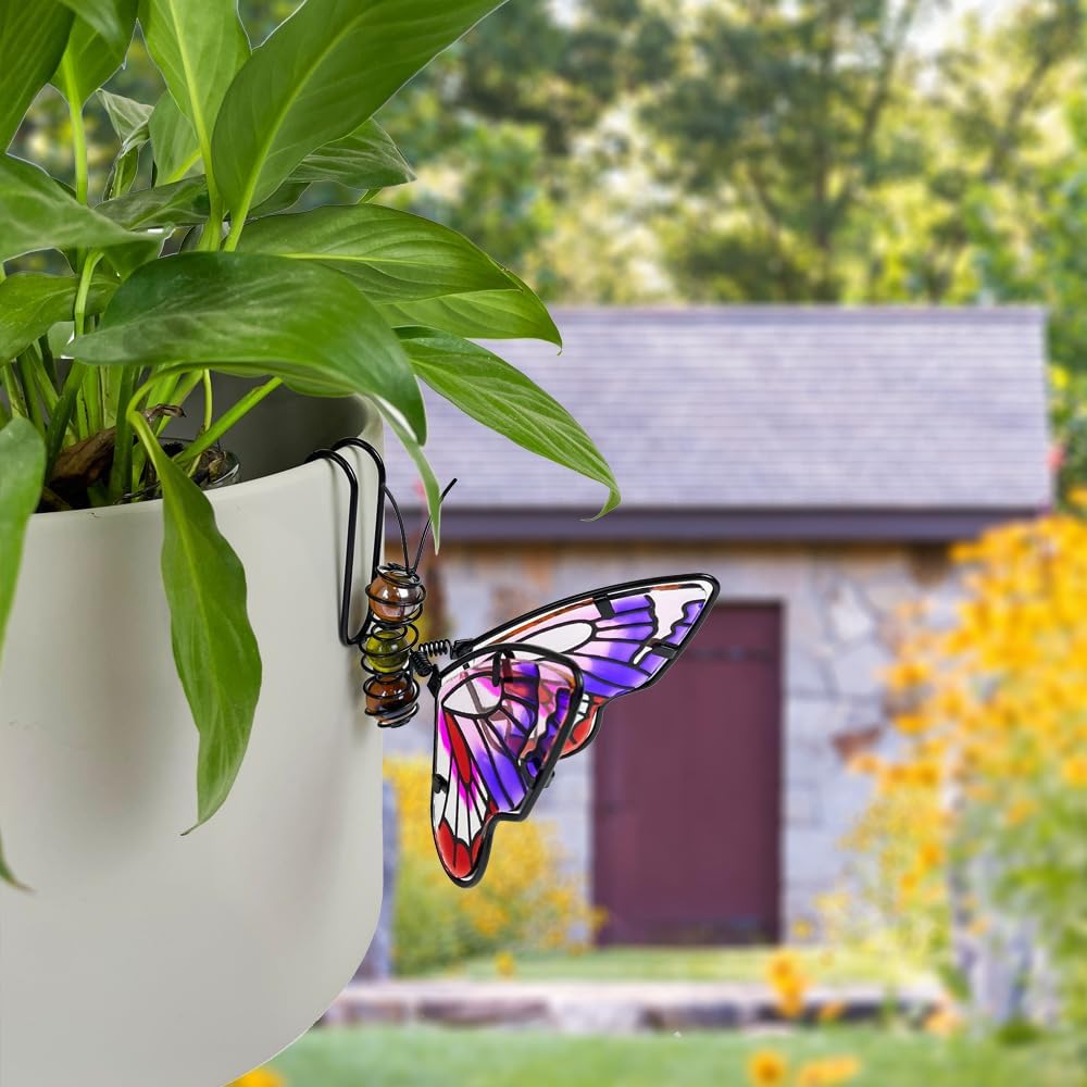3 Pcs Butterfly & Dragonfly Mix Decorations for Flower Pots - Iron Painted Hanging Ornaments, Plant Pot Potted Hanger Figurines, Outdoor Garden Pendant Decor