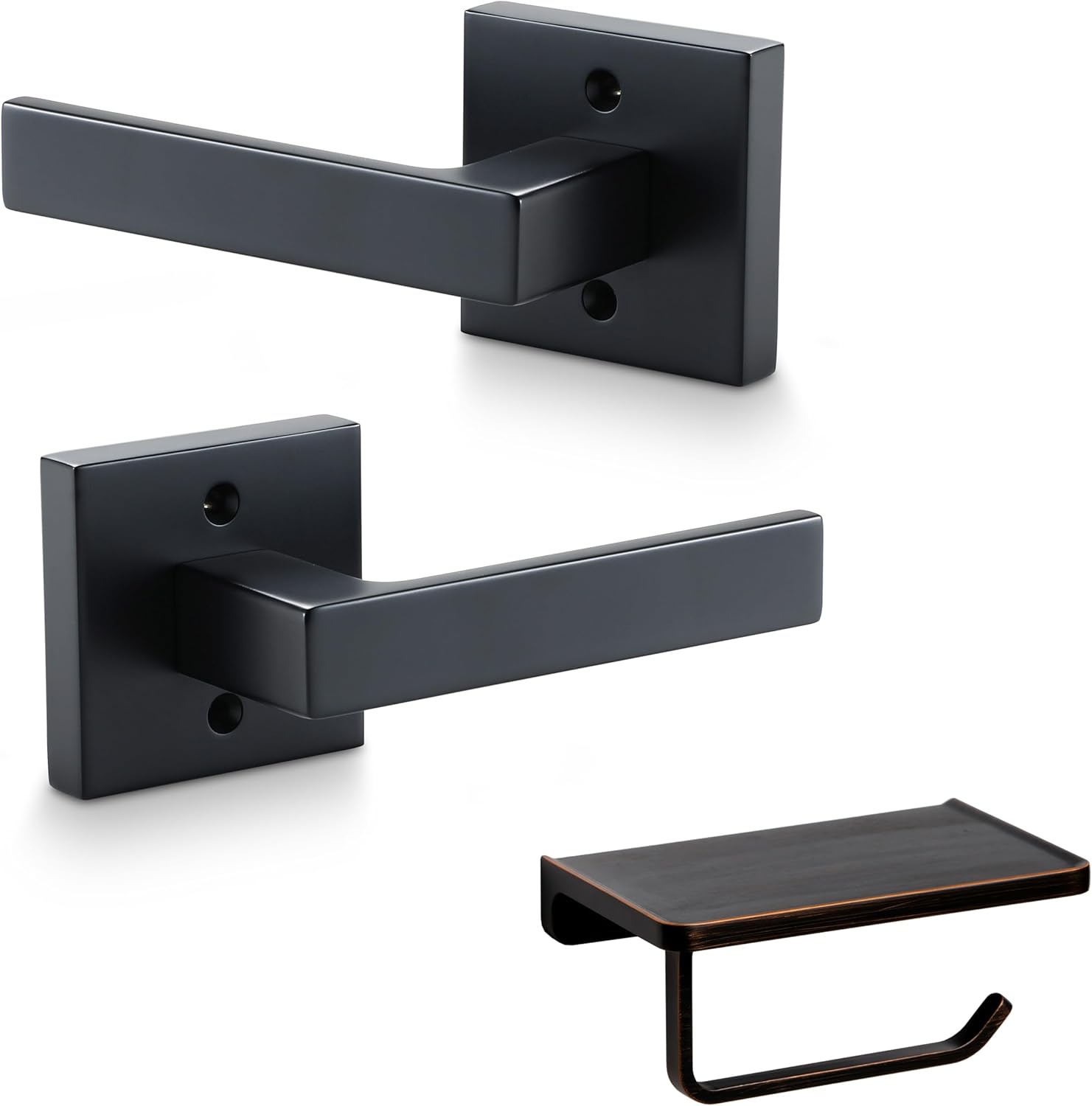 Linkaa Dummy Door Lever Set（Black Dummy,1 Pair（2 Handles） + Toilet Paper Holder with Shelf Oil Rub Bronze （1 Pack）