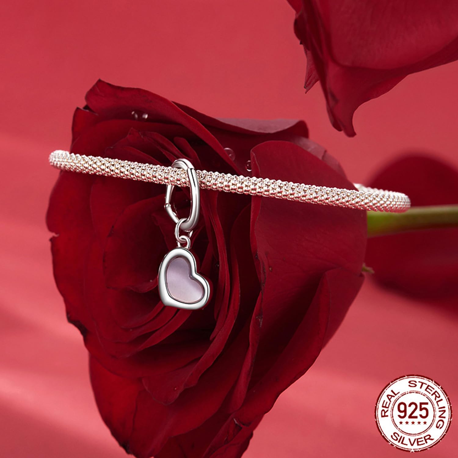 Genérico Dije de corazón de concha rosa, dijes de doble corazón, cuentas de plata de ley 925 para pulseras y collares europeos