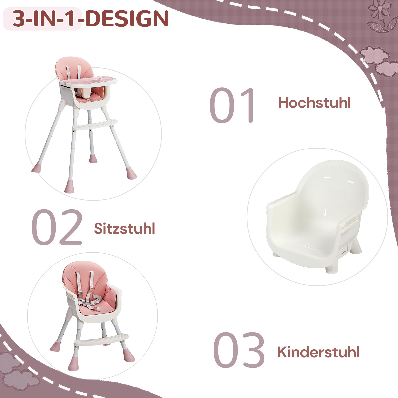 LEADZM 3 in 1 Babyhochstuhl, Verstellbar zum niedrigen Kinderhocker, Abnehmbares Doppeltablett, Mit 5-Punkt-Sicherheitsgurt, Maximale Belastung 15 kg, Geeignet für Babys von 6 bis 36 Monaten (Rosa)