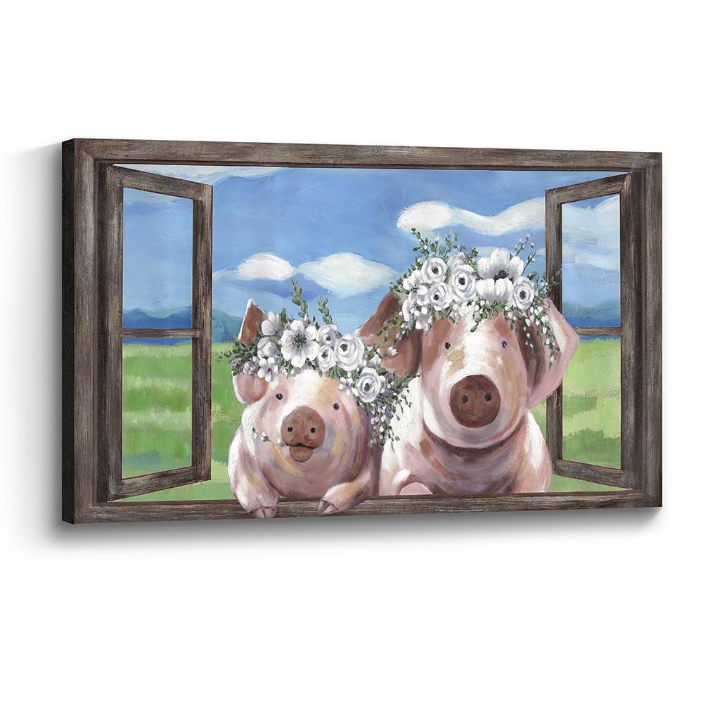 Canvas Animal Wall Art Picture: Window Pig Print Rustic Cute Piggy Portrait Painting Flower Crown Farm Hog Farmhouse Artwork Decor for Kids Room Nursery Kitchen