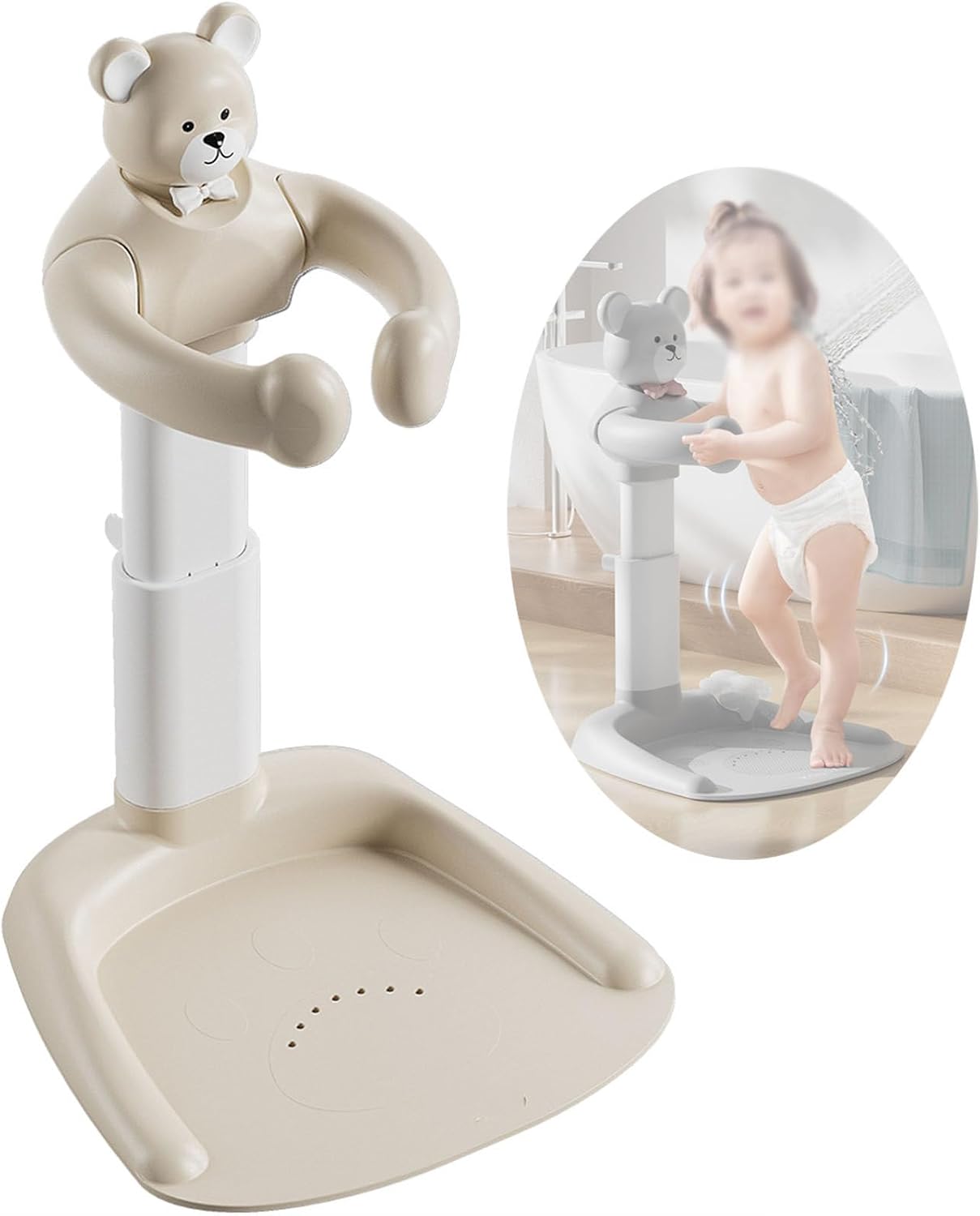 Baby Shower Stand, Baby Shower Standing Support with Adjustable Height and Safety Handle, Baby Shower Standing Support, Toddler Shower Stand with Anti-Slip Base, Portable Bath Helper Baby,Khaki