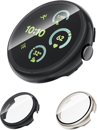 2 Pack Case with Tempered Glass for Google Pixel Watch 4 Screen Protector 45mm Women Men,Hard PC Overall Protection Scratch-Resistant Cover for Google Pixel Watch 4 Case 45 mm Accessories