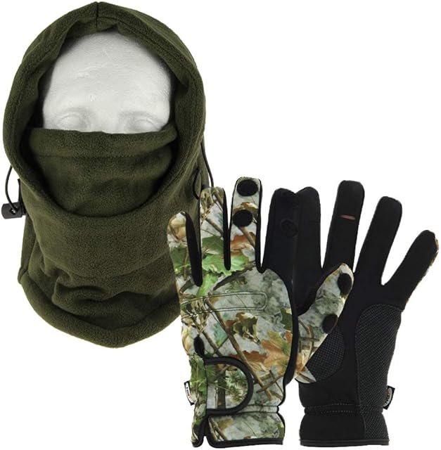 DNA Cold Weather Carp Fishing Fleece Lined OD Green Adjustable Snood with Gloves (Medium, Large or Extra Large - You Pick)