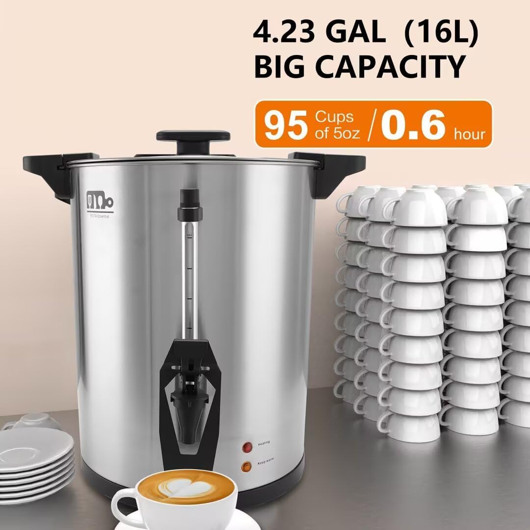 95 Cup 16L/4.23Gallon Commercial Coffee Urn, Festa Essential 1500W Large Percolate Coffee Maker, Hot Beverage dispenser With Double Dripless Faucet,Quick-Brewing Hot Water Urn for Catering,Home,Events