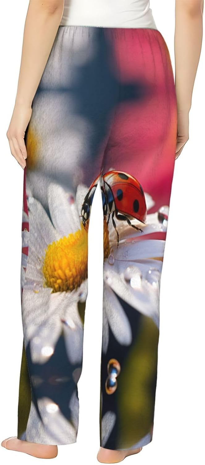 Ladybug On Daisy Flower Print Cozy Flannel Pajama Pants For Women,Warm Christmas Pj Pants,Cute Fleece Pajamas