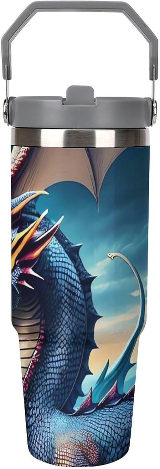 30oz Insulated Tumblers with Top Handle, Stainless Steel Roaring Dragon Car Cup with Straw for Gift, Leak-Proof Double Wall Vacuum Travel Mug, Personalized Water Bottles White