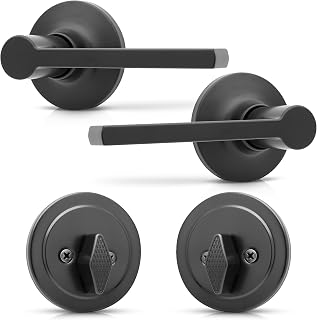 Honeywell Safes & Door Locks Matte Black Front Entry Handleset with Single Cylinder Deadbolt – Stylish and Secure, Door Lock with Curved Lever for Interior and Exterior Doors - 8108640