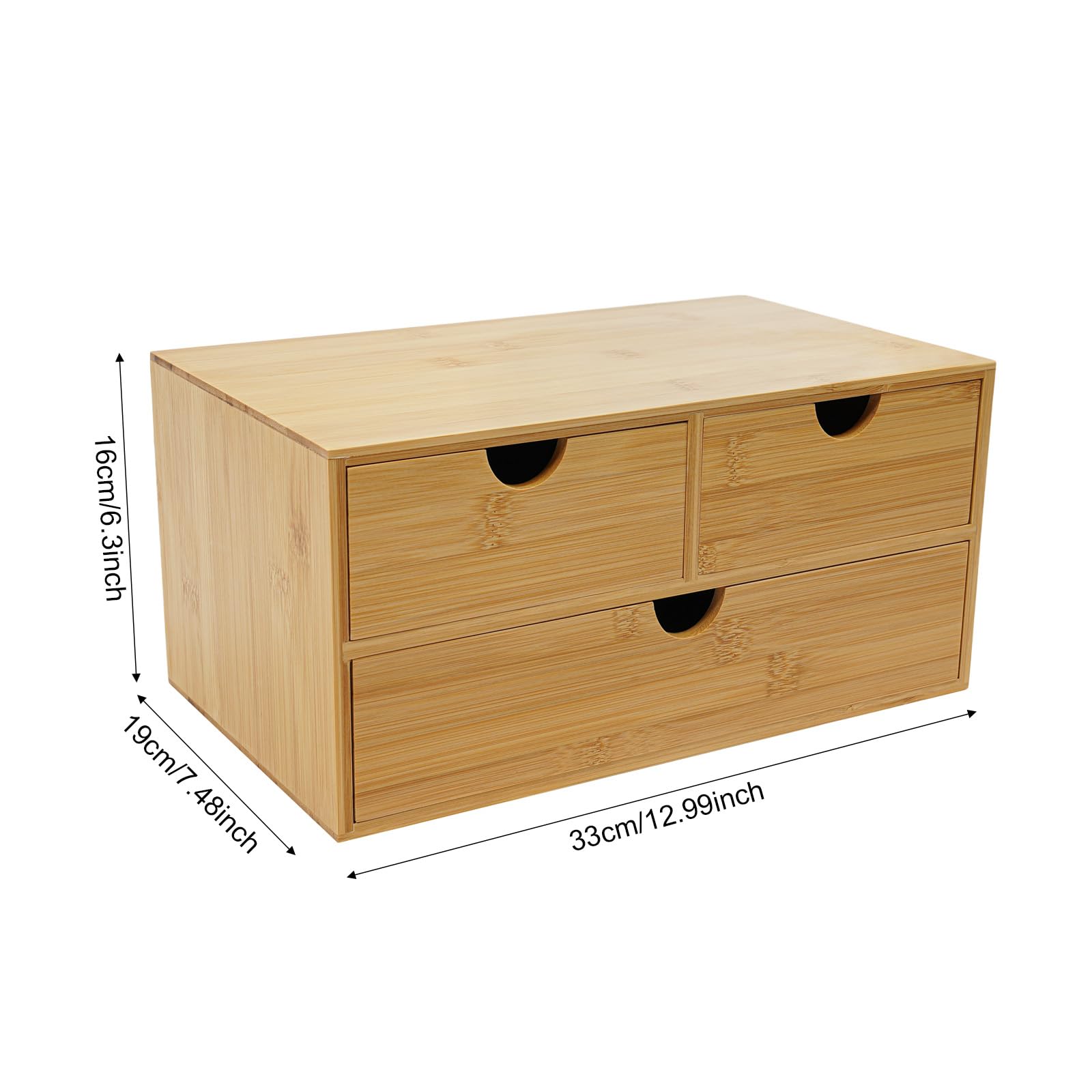 Organiseur de bureau - 33 x 19 x 16 cm - En bambou - Boîte de rangement A4 - Système de rangement - Mini commode avec 3 tiroirs - Pour fournitures de bureau, cosmétiques, salon, chambre à