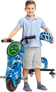 Patinete eléctrico para niños, 180 W, con indicador LED, giro de 360 grados, 3 niveles de velocidad, asiento eléctrico para niños ajustable, diseño de camuflaje azul
