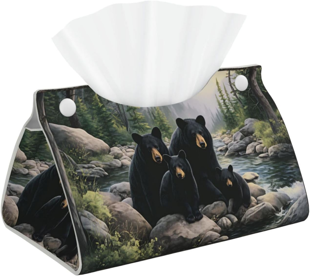 Bear Family Forest Stream Scene Rectangular Tissue Box Cover, Double-Sided Faux Leather Tissue Holder with Snap Closure, Decorative Dispenser for Home, Office, Bathroom Car 7.9x4.5x4.9 in