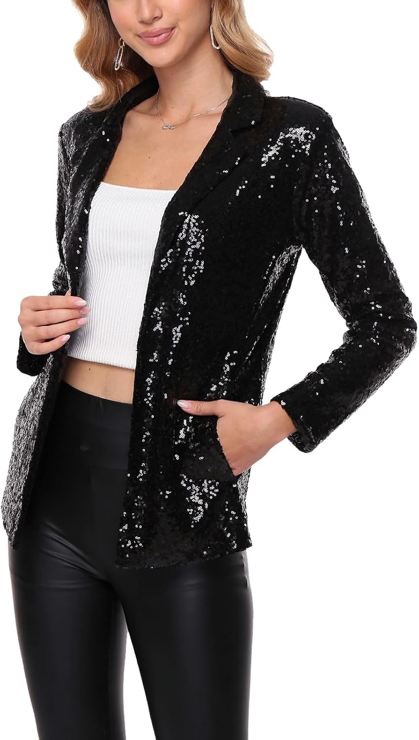 Sequin Jacket for Women Sparkly Blazer Open Front Long Sleeve Glitter Cardigan Casual Party Suit with Pocket