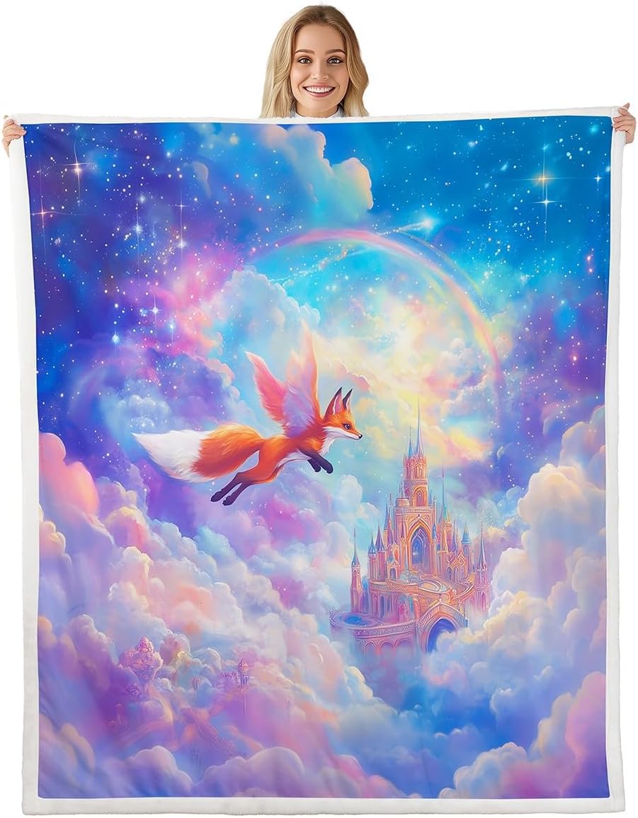 Manfei Japanese Fox Kids Throw Blanket,Japan Ukiyoe Cherry Blossom Moonnight Bed Blanket for Boys Girls,Wild Animal Retro Fleece Blanket,Grey White Fuzzy Blanket,Twin Size (60 x 80 Inches)