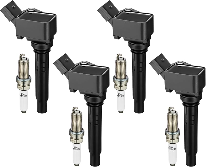 Kit de bobinas de ignição e velas SYKRSS UF716/LFER7BHX para Audi e Volkswagen – 4 bobinas + 4 velas
