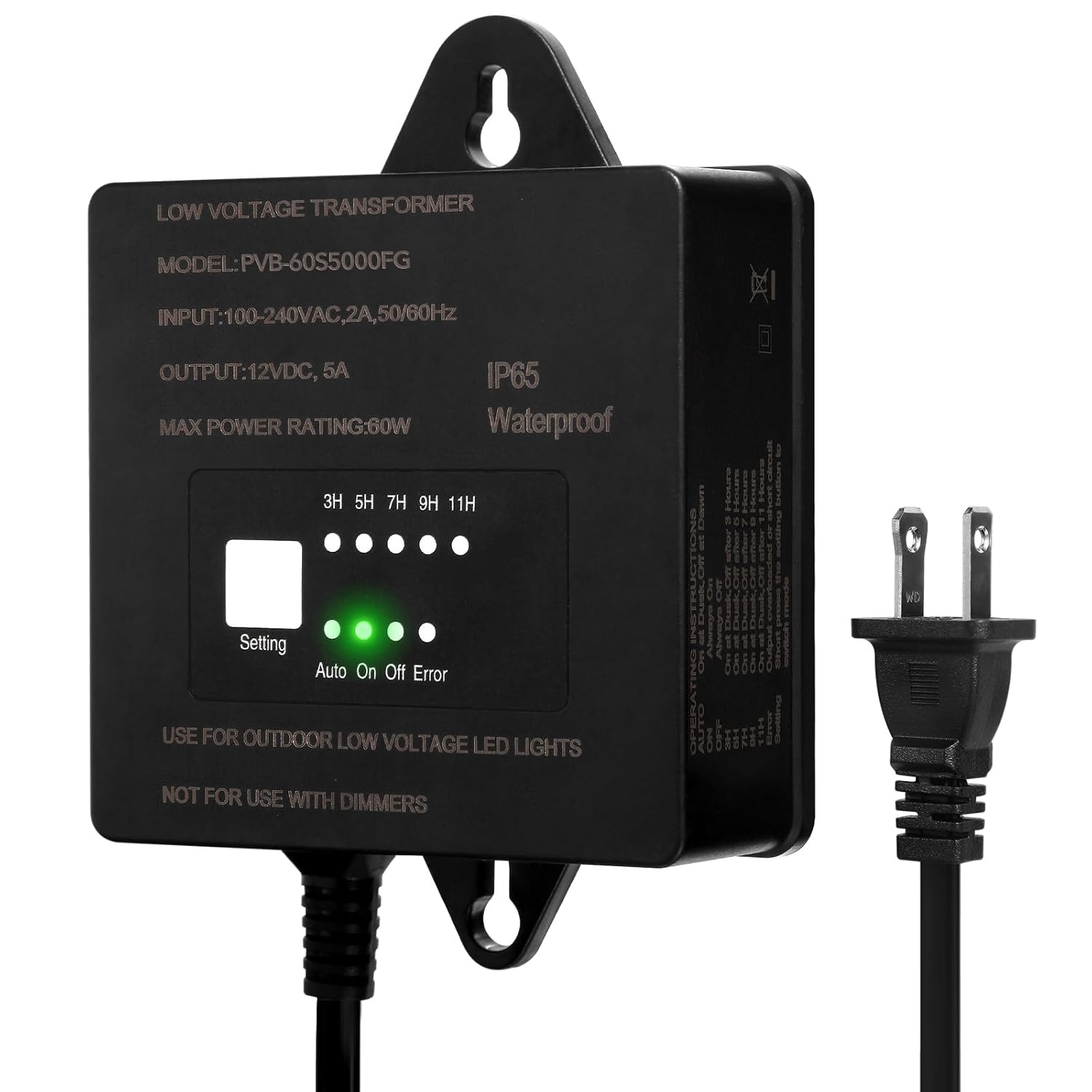 60W Low Voltage Transformer with Timer and Photocell Sensor, 120V AC to 12V DC, IP65 Waterproof, Supply for LED Landscape Light, Outdoor Spotlight, Pathway Light,Garden Light