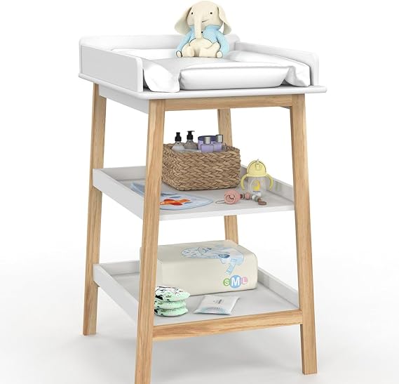 IDMarket Table à Langer MAHE Hêtre et Blanc avec 2 Étagères
