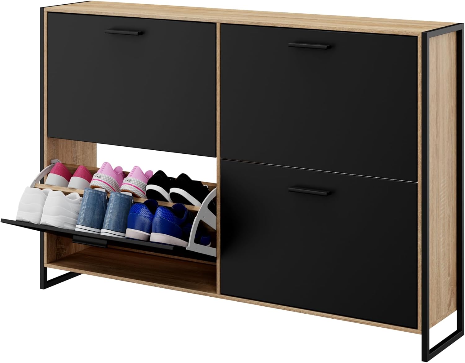 CASABEL Zapatero 4 Abatibles – Mueble Zapatero Entrada Negro & Madera, Diseño Moderno, Gran Capacidad 24 Pares, Mueble de Almacenaje para Pasillo, Entrada, Salón, L114xF24xH83 cm