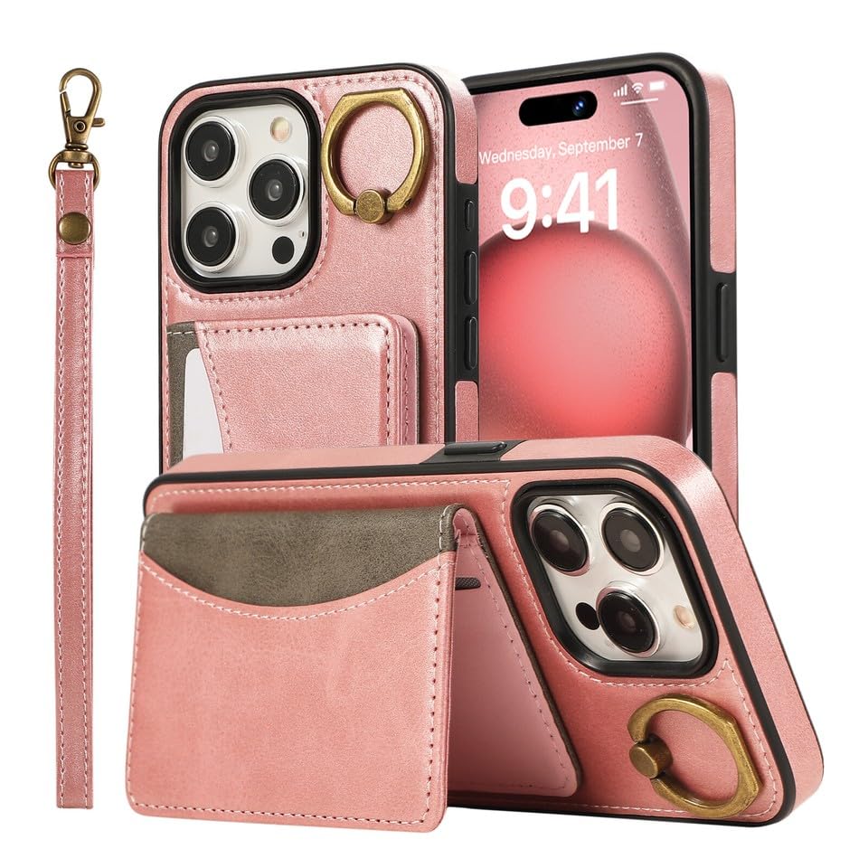 Étui en cuir iPhone 13 Pro or rose avec clapet magnétique protecteur