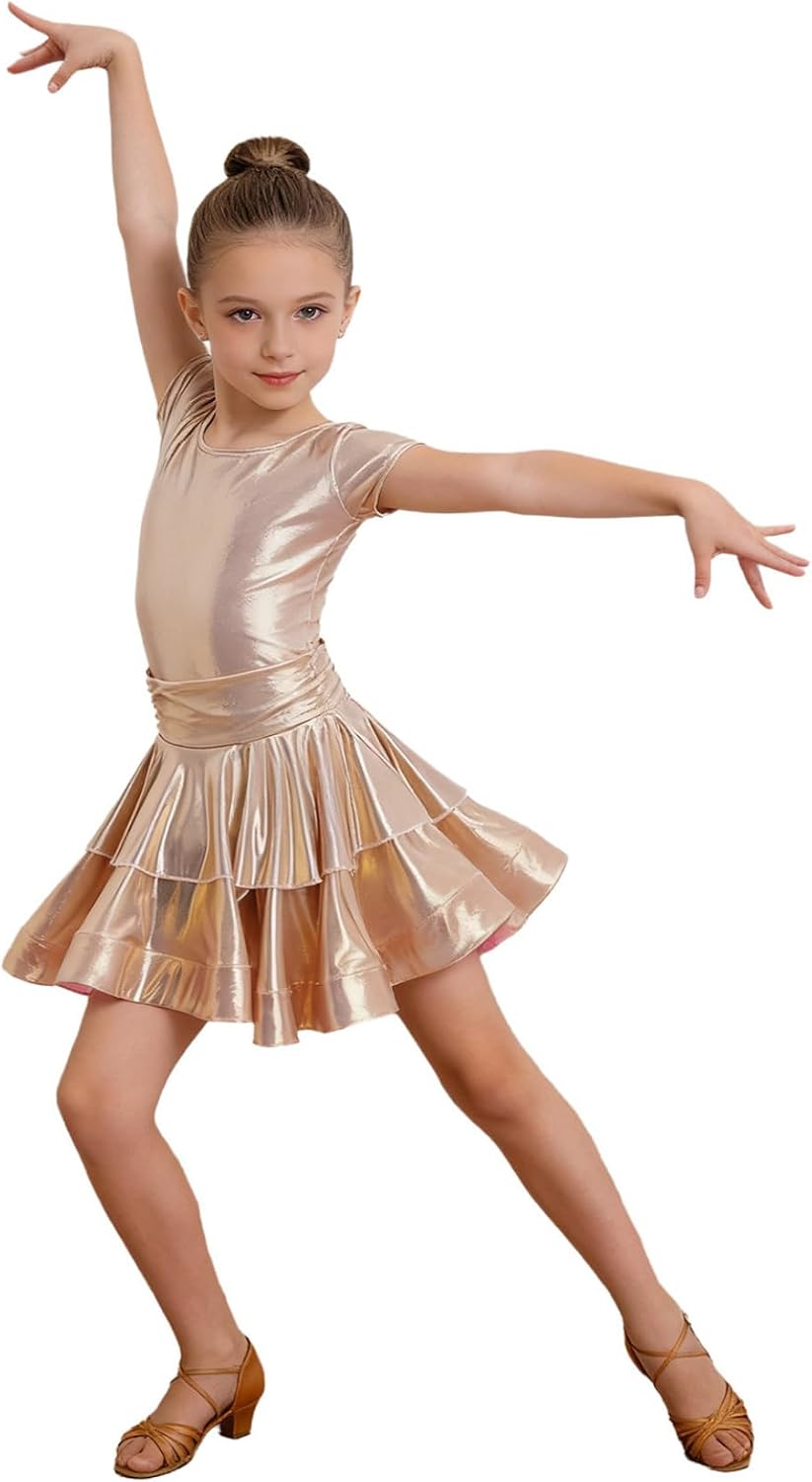 Girls Latin Dance Dress Ballet Performance Dancewear for Competitions Dancing Bow Apparel