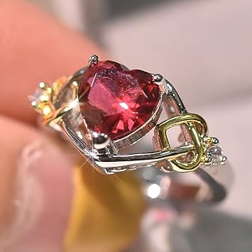 WDIYIEETN Fashion Jewelry Gold and Silver Two-Tone Shiny Diamond Heart-Shaped Ruby Ring Cubic Zirconia Crystal Diamond Ring Eternity Engagement Wedding Band Ring for Women 10