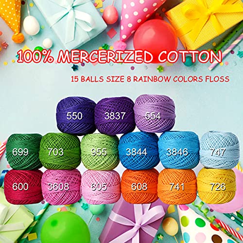 Soft 1500Y 15 Pearl Balls Cardinal Size 8 Rainbow Colors for Crochet Hardanger Cross Stitch Needlepoint Hand Embroidery - Thumbnail 4