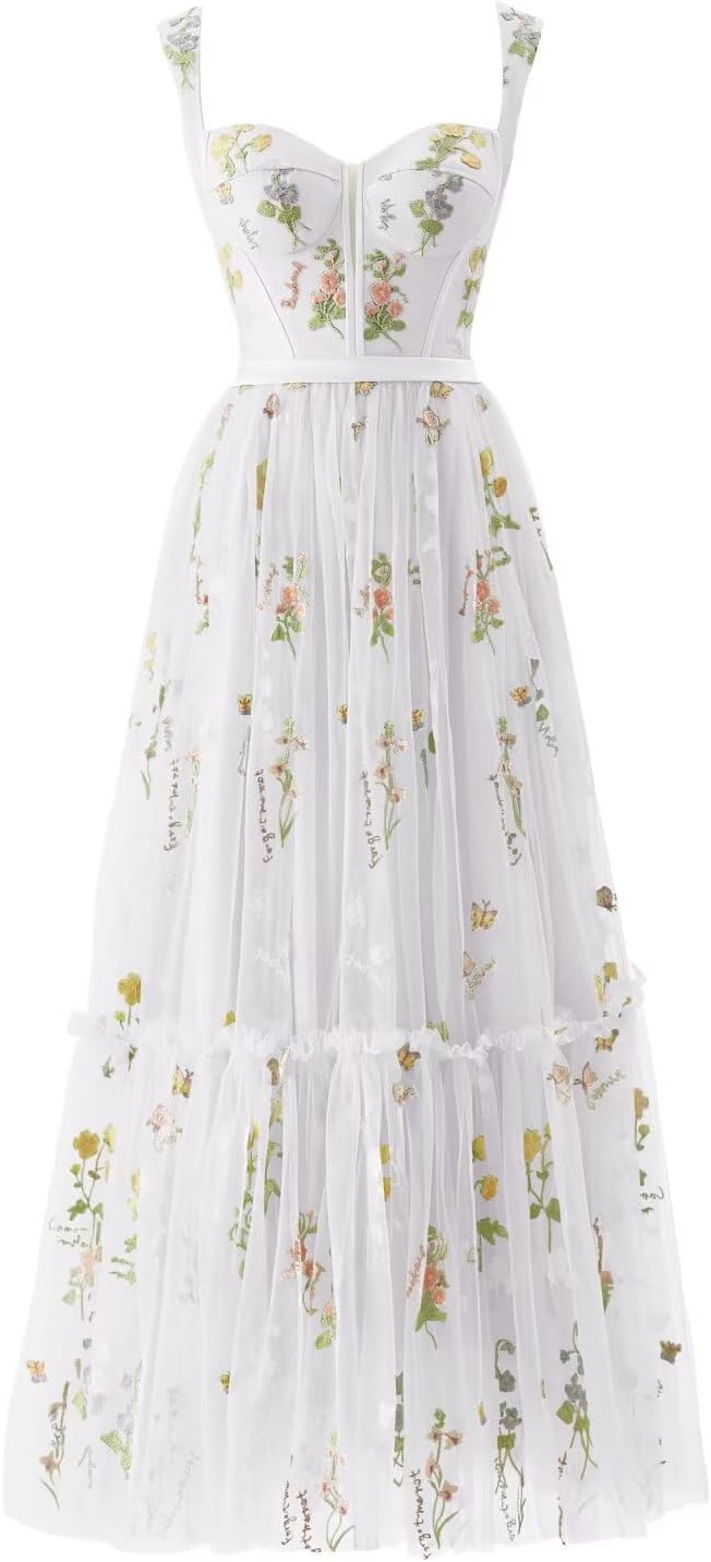 Cudiew Women Tulle Prom Dress Flower Embroidery Tea Length A Line Sweetheart Formal Evening Party Gowns for Teens