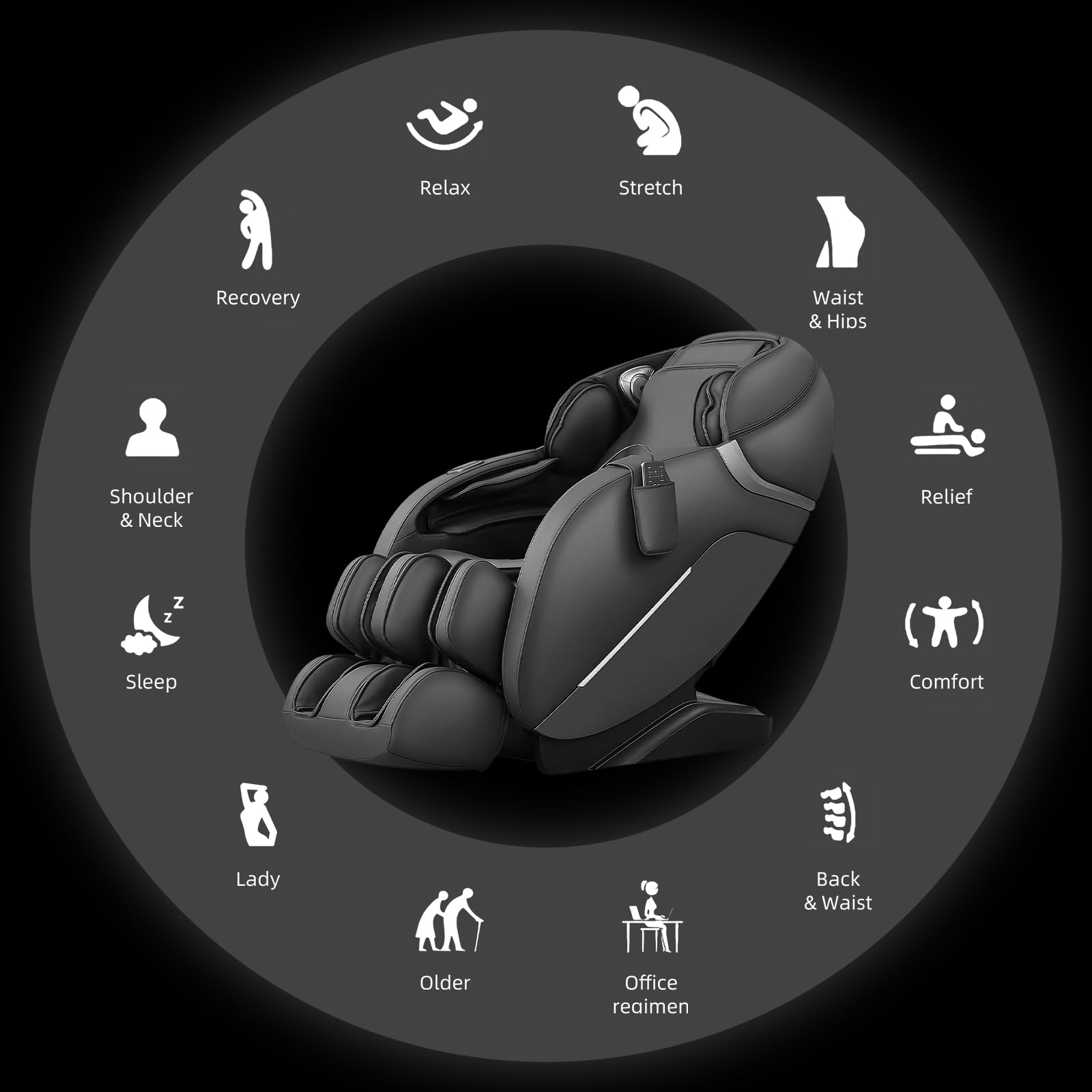 Fauteuil de Massage Complet, Fauteuil de Massage Shiatsu Inclinable à Gravité Zéro, Rail SL, 12 Modes de Massage Automatiques, Chauffage Lombaire, Rouleaux pour Les Pieds, Bluetooth